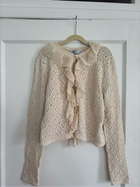 Zara Cream Knit Ruffle-Front Cardigan